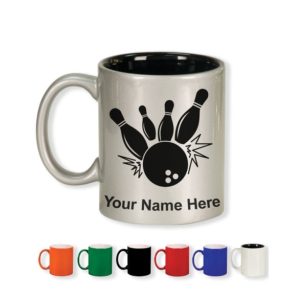 11oz Round Ceramic Coffee Mug, Bowling Ball and Pins, Personalized Engraving Included