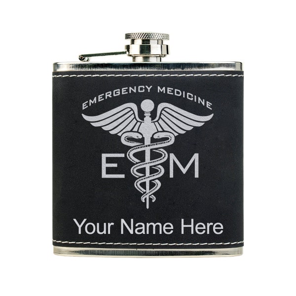 Faux Leather Flask, Emergency Medicine, Personalized Engraving Included