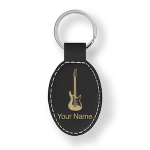 Faux Leather Oval Keychain, Electric Guitar, Personalized Engraving Included