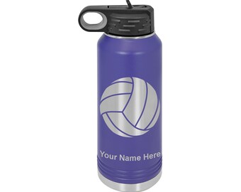 Personalized 40oz Double Wall Water Bottle - Volleyball Design With Straw, Engraved