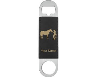 Faux Leather Bottle Opener, Horse and Cowgirl, Personalized Engraving Included (Faux Leather)