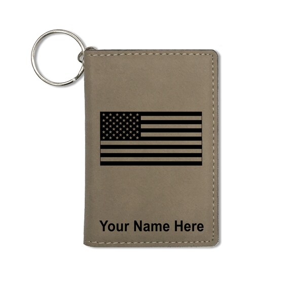 Keychain ID Holder Wallet - Wolf and US Flag - Leather Keychain ID Holder Wallet - Wolf and US Flag - Leather