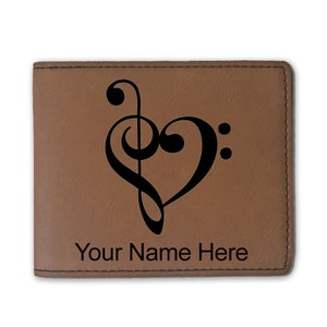 Cartera plegable de cuero sintético, corazón de música, grabado personalizado incluido