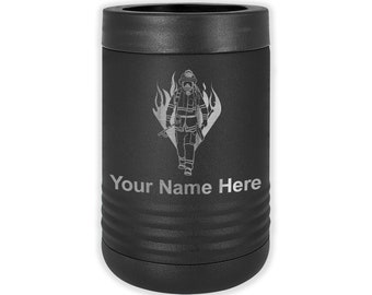 May include: Black stainless steel can cooler with a firefighter graphic and flames. The cooler has a personalized inscription that says "Your Name Here".