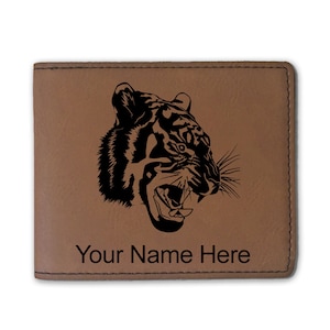 Cartera plegable de cuero sintético, cabeza de tigre, grabado personalizado incluido