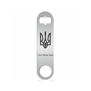 May include: Silver bottle opener with a black trident design and the text "Your Name Here".