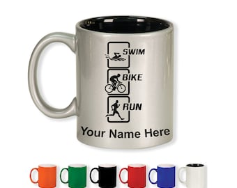 11oz Round Ceramic Coffee Mug, Swim Bike Run Vertical, Personalized Engraving Included