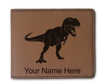 Faux Leather Bi-Fold Wallet, Tyrannosaurus Rex Dinosaur, Personalized Engraving Included