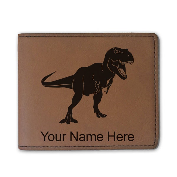 Faux Leather Bi-Fold Wallet, Tyrannosaurus Rex Dinosaur, Personalized Engraving Included