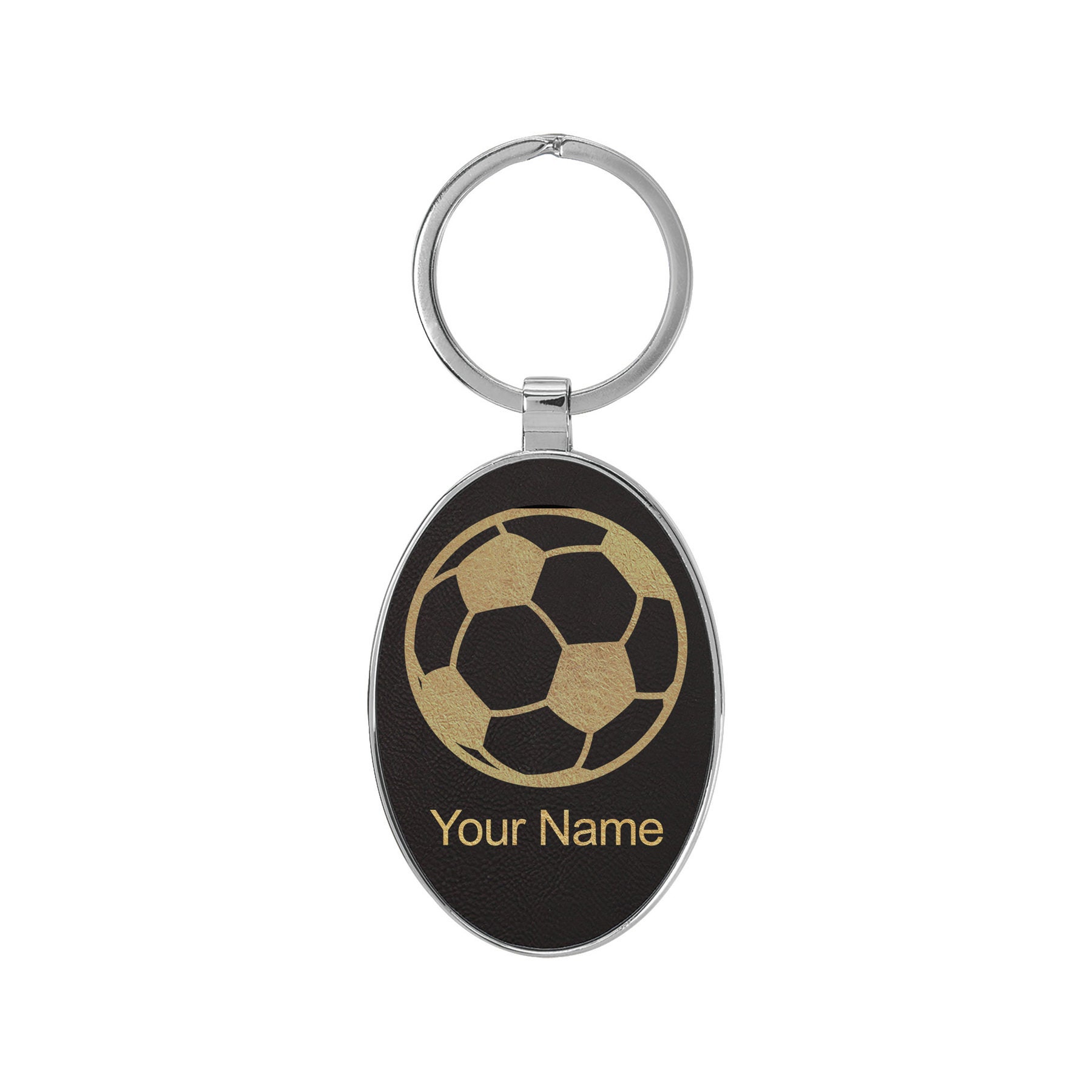 Oval Metal Frame Keychain, Soccer Ball, Personalized Engraving