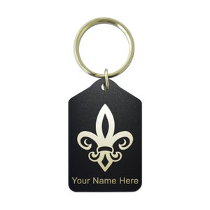 Llavero de metal negro, Fleur de Lis, grabado personalizado incluido