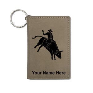 Monedero del titular de la identificación, bull rider cowboy, grabado personalizado incluido