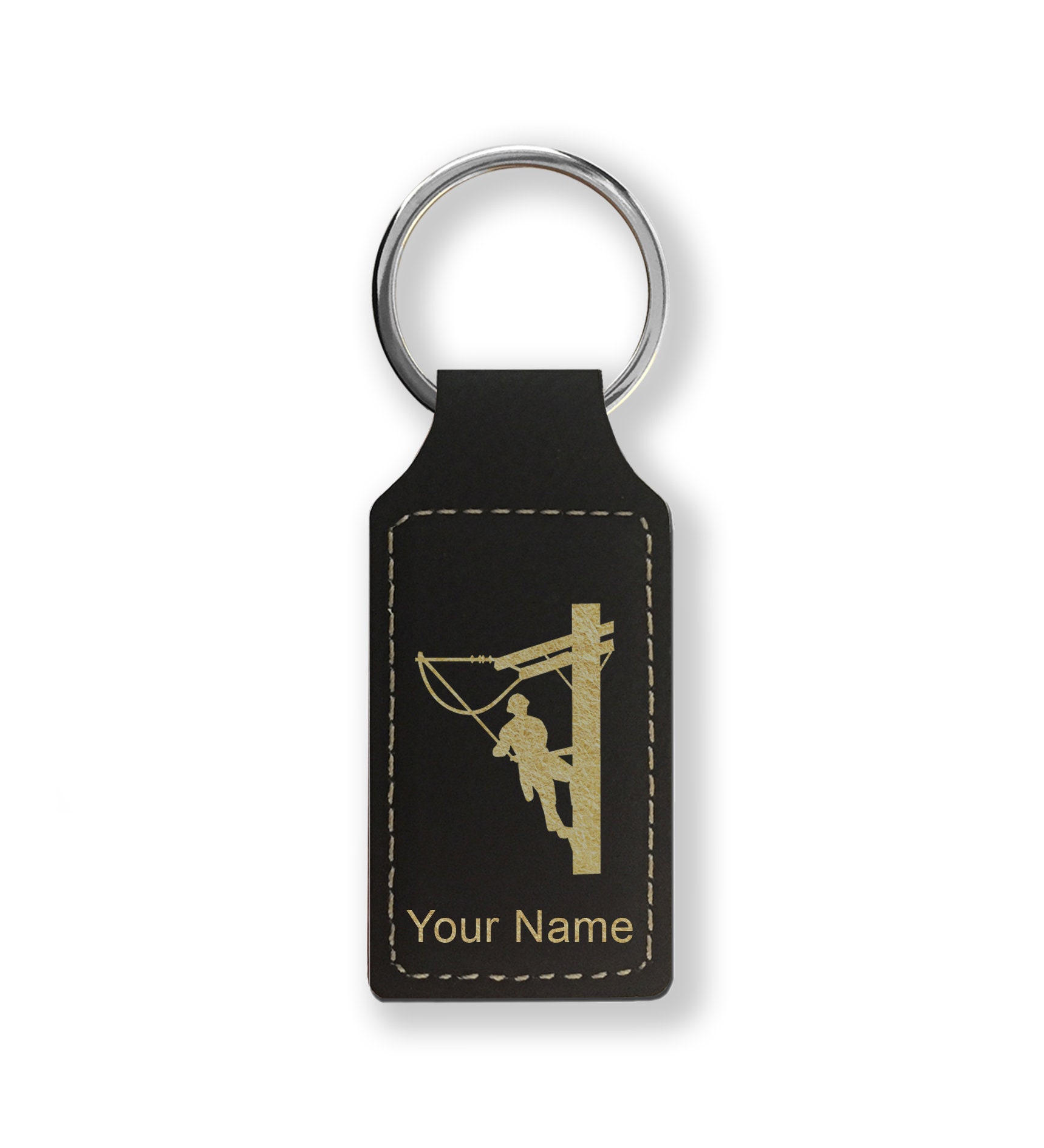 Faux Leather Rectangle Keychain, lineman, Personalized Engraving