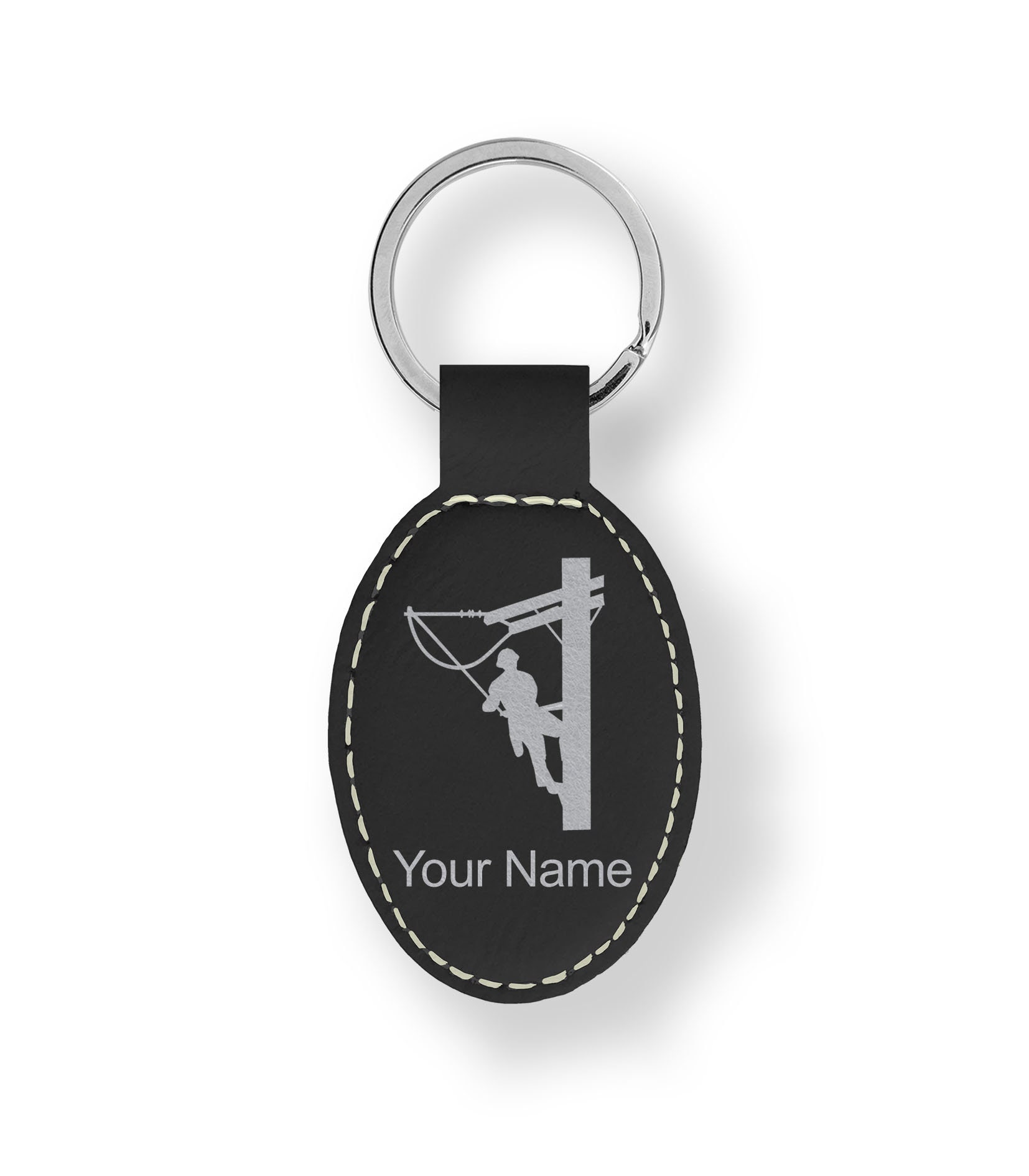 Faux Leather Oval Keychain, lineman, Personalized Engraving