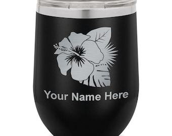 Wine Glass Tumbler, Hibiscus Flower 2, Personalized Engraving Included