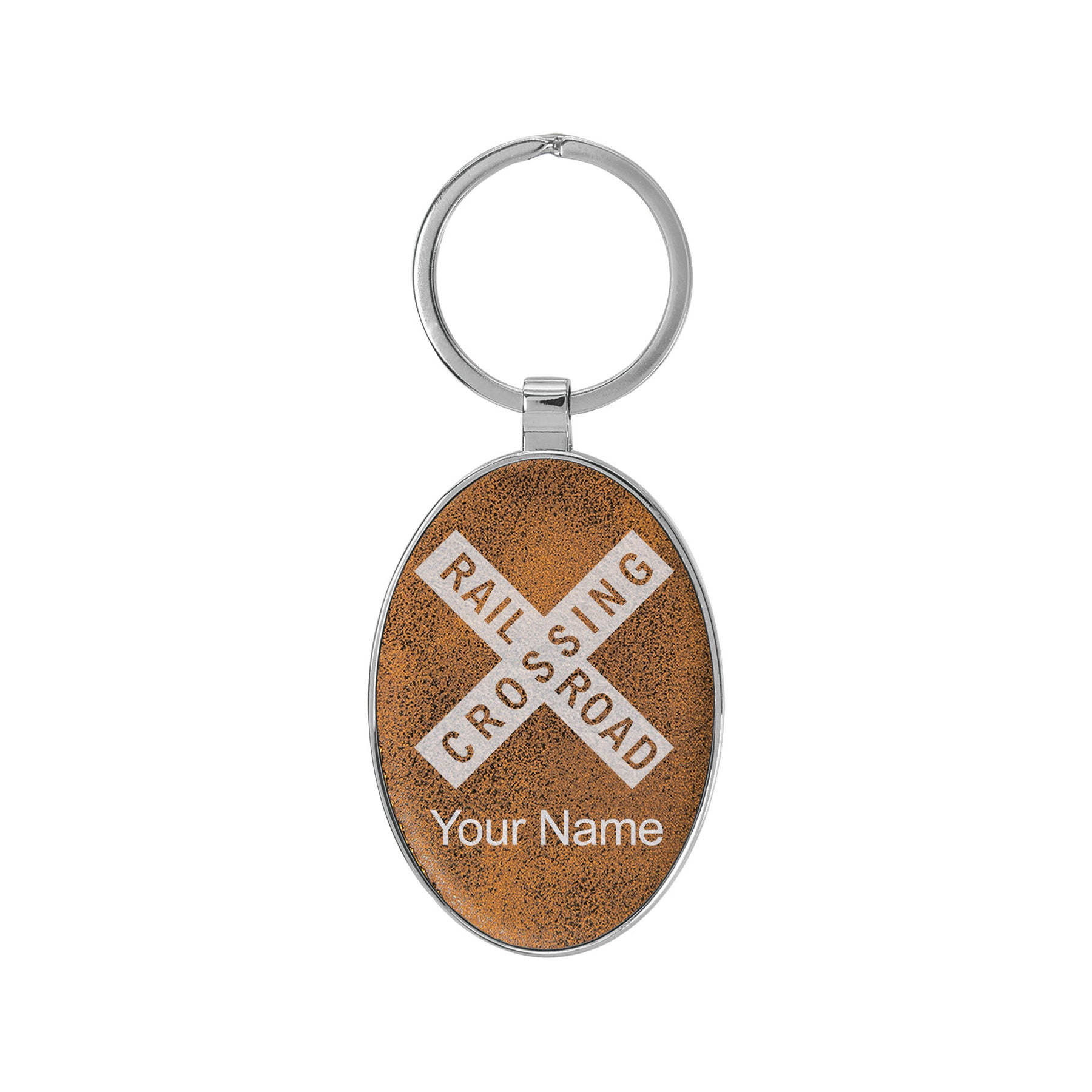 Oval Metal Frame Keychain, Railroad Crossing Sign 1, Personalized