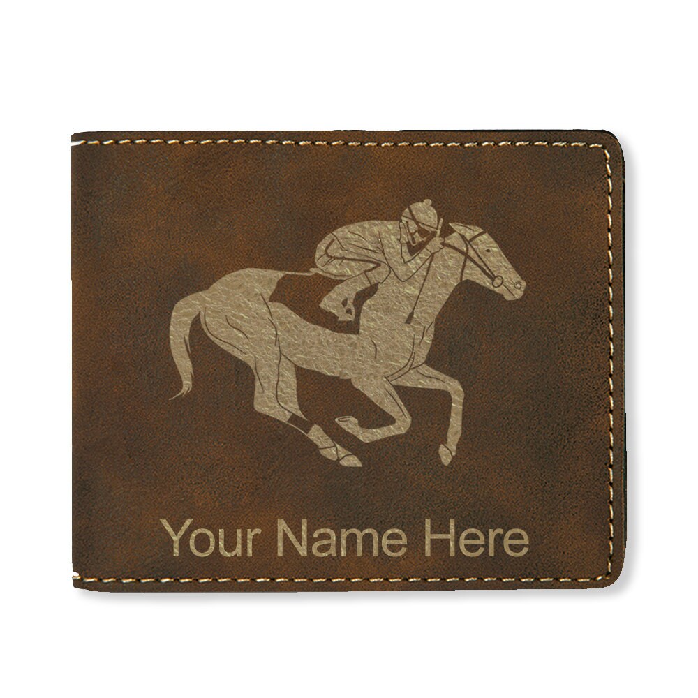 Faux Leather Bi-fold Wallet, horse Racing, Personalized Engraving