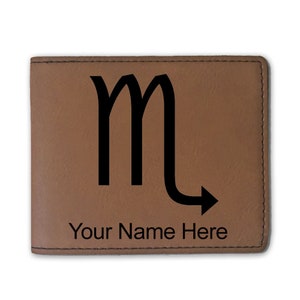 Cartera plegable de cuero sintético, signo zodiacal Escorpio, grabado personalizado incluido