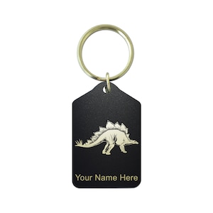 Black Metal Keychain, Stegosaurus Dinosaur, Personalized Engraving Included