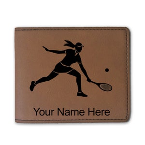 Cartera plegable de cuero sintético, mujer jugadora de tenis, grabado personalizado incluido