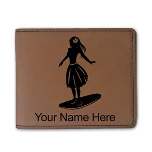 Cartera plegable de cuero sintético, chica surfista hawaiana, grabado personalizado incluido