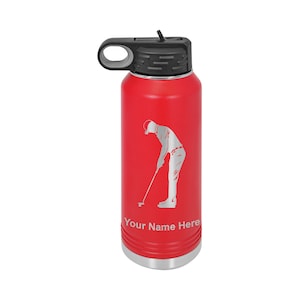 40oz Double Wall Flip Top Water Bottle with Straw, Golfer Putting, Personalized Engraving Included