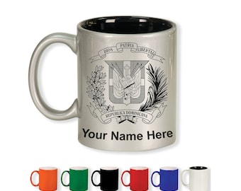 11oz Round Ceramic Coffee Mug, Coat of Arms Dominican Republic, Personalized Engraving Included