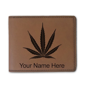 Cartera plegable de cuero sintético, hoja de marihuana, grabado personalizado incluido