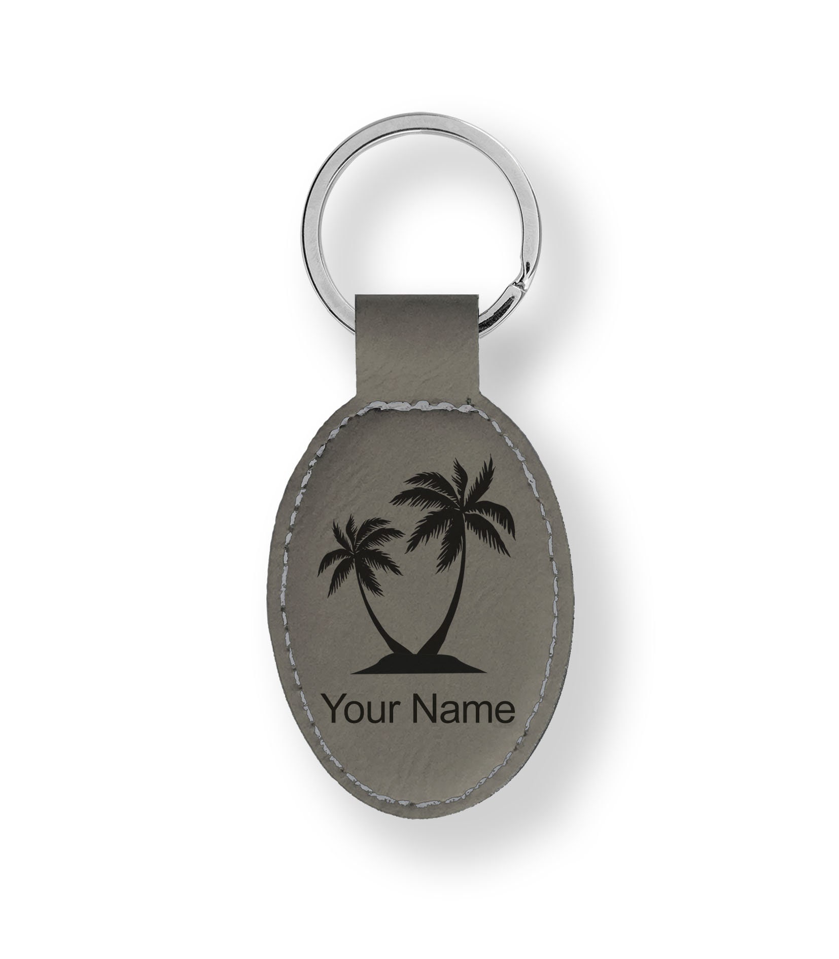 Faux Leather Oval Keychain, palm Trees, Personalized Engraving
