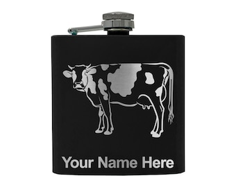 6oz Stainless Steel Flask, Cow, Personalized Engraving Included (Stainless Steel)