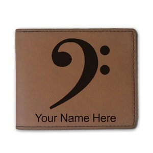 Cartera plegable de cuero sintético, clave de bajo, grabado personalizado incluido