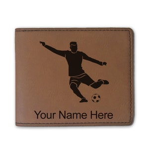 Cartera plegable de cuero sintético, hombre jugador de fútbol, grabado personalizado incluido