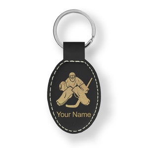 Faux Leather Oval Keychain, Hockey Goalie, Personalized Engraving Included