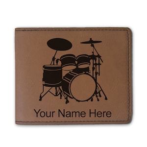 Faux Leather Bi-Fold Wallet, Drum Set, Personalized Engraving Included