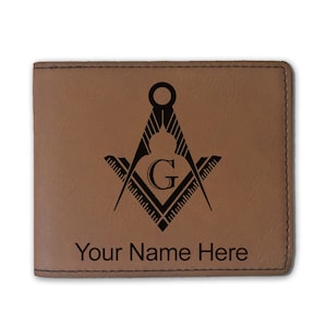Cartera plegable de cuero sintético, símbolo masón, grabado personalizado incluido