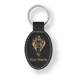 Faux Leather Oval Keychain, Fireman, Personalized Engraving Included