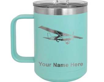 LaserGram 15oz Vacuum Insulated Coffee Mug, High Wing Airplane, Personalized Engraving Included