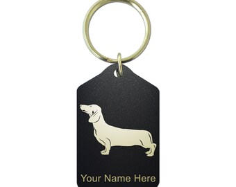 Black Metal Keychain, Dachshund Dog, Personalized Engraving Included