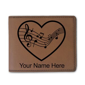 Cartera plegable de cuero sintético, corazón del personal de música, grabado personalizado incluido
