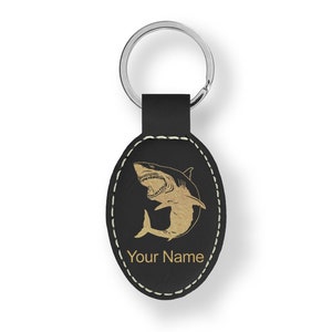 Faux Leather Oval Keychain, Great White Shark, Personalized Engraving Included