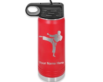 20oz Double Wall Flip Top Water Bottle with Straw, Karate Man, Personalized Engraving Included