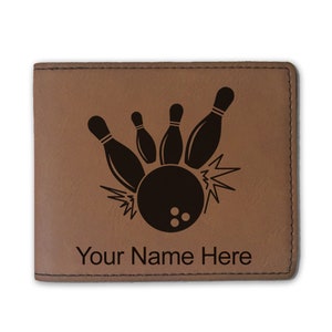 Cartera plegable de cuero sintético, bola de bolos y alfileres, grabado personalizado incluido