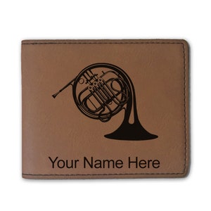 Cartera plegable de cuero sintético, corno francés, grabado personalizado incluido