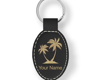 Faux Leather Oval Keychain, palm Trees, Personalized Engraving