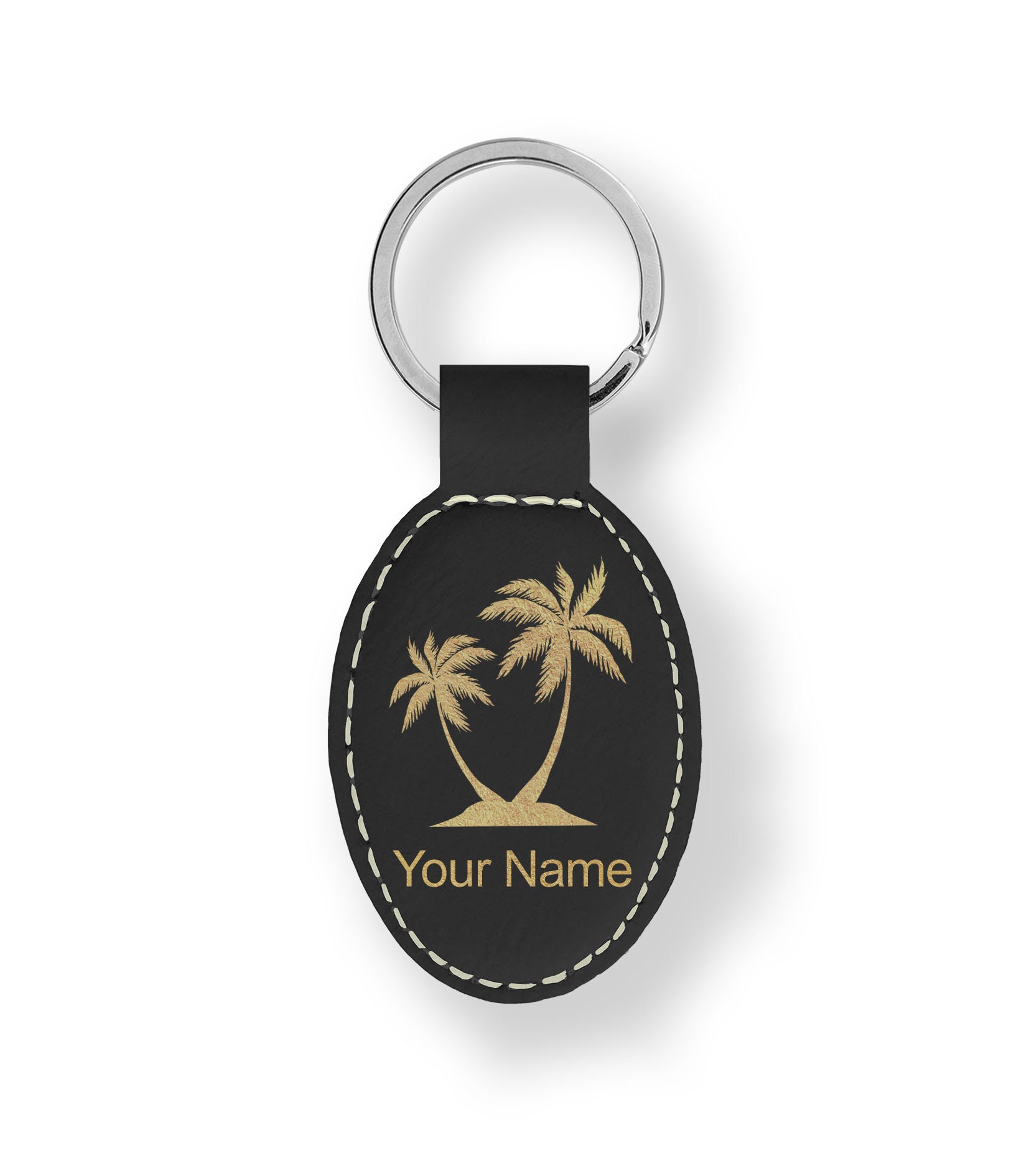 Faux Leather Oval Keychain, palm Trees, Personalized Engraving