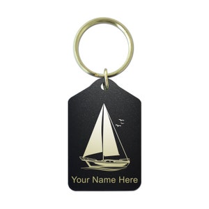 Black Metal Keychain, Sailboat, Personalized Engraving Included