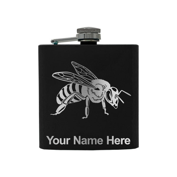 6oz Stainless Steel Flask, Honey Bee, Personalized Engraving Included (Stainless Steel)