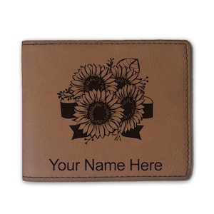 Cartera plegable de cuero sintético, girasoles, grabado personalizado incluido