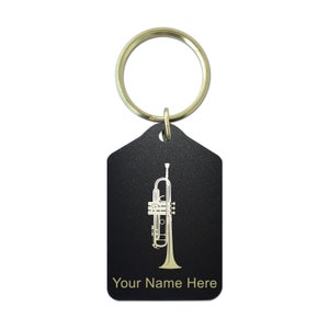 Black Metal Keychain, Trumpet, Personalized Engraving Included
