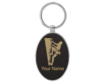 Oval Metal Frame Keychain, Rock Climber, Personalized Engraving Included